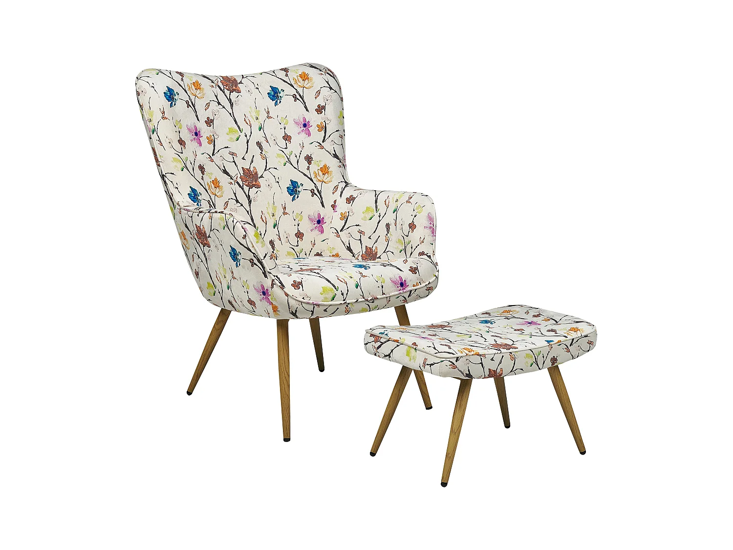 Ohrensessel mit Hocker Stoff cremeweiß gesteppt Metallbeine Blumenmotiv Vejle II