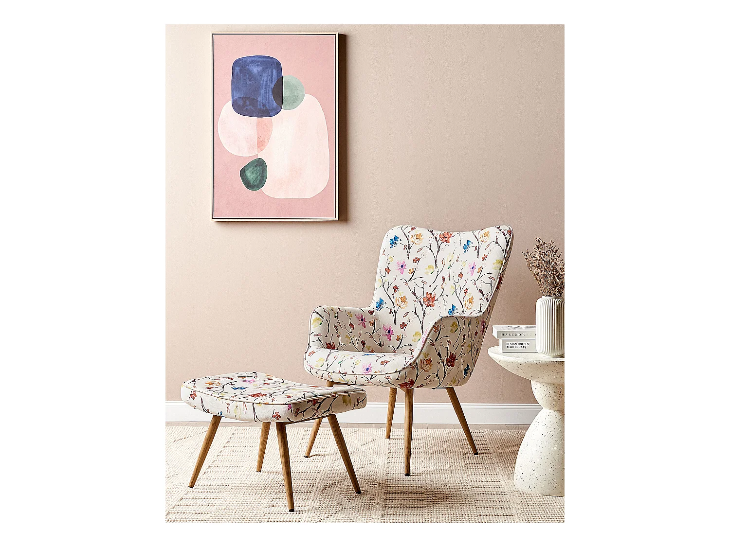 Ohrensessel mit Hocker Stoff cremeweiß gesteppt Metallbeine Blumenmotiv Vejle II