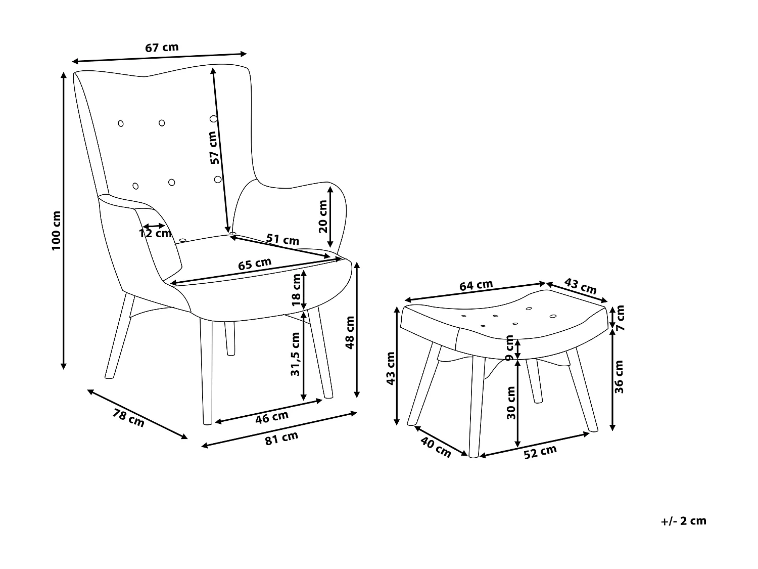 Oorfauteuil VEJLE met voetenbank Stof Grijs