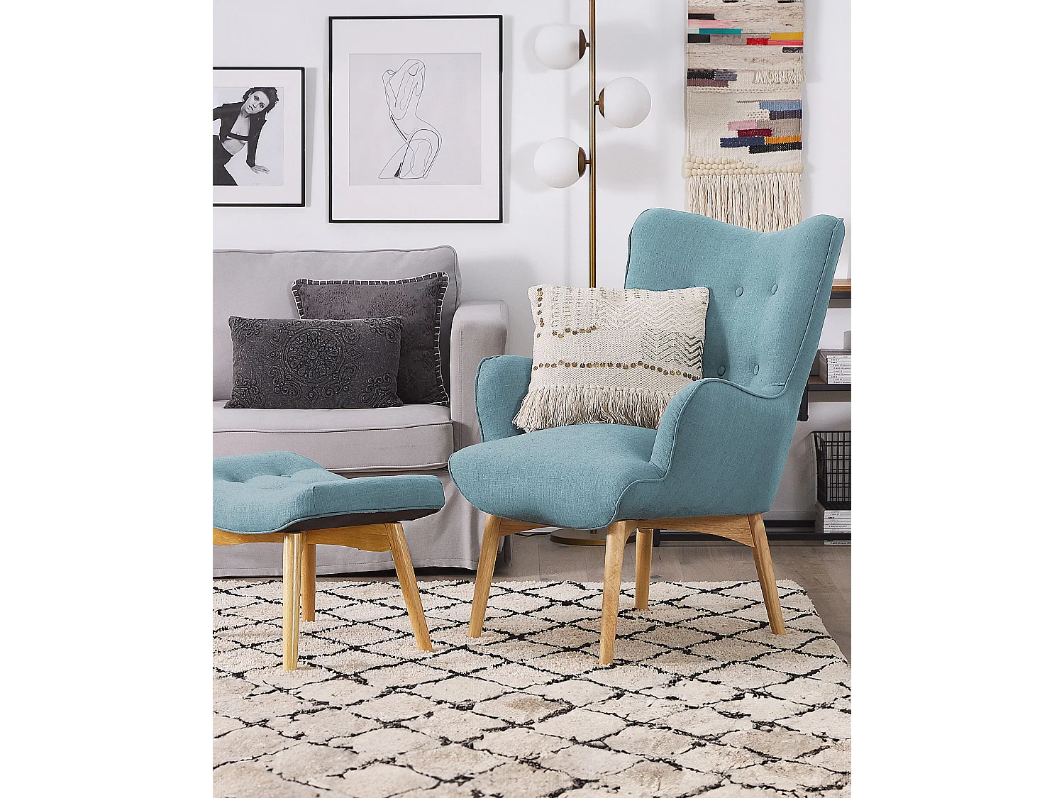 Oorfauteuil VEJLE met voetenbank Stof Lichtblauw