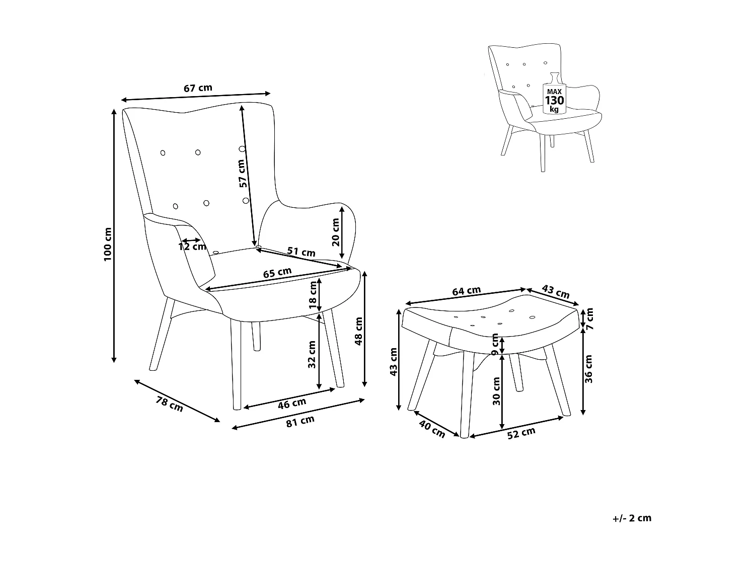 Oorfauteuil VEJLE met voetenbank Stof Lichtgrijs