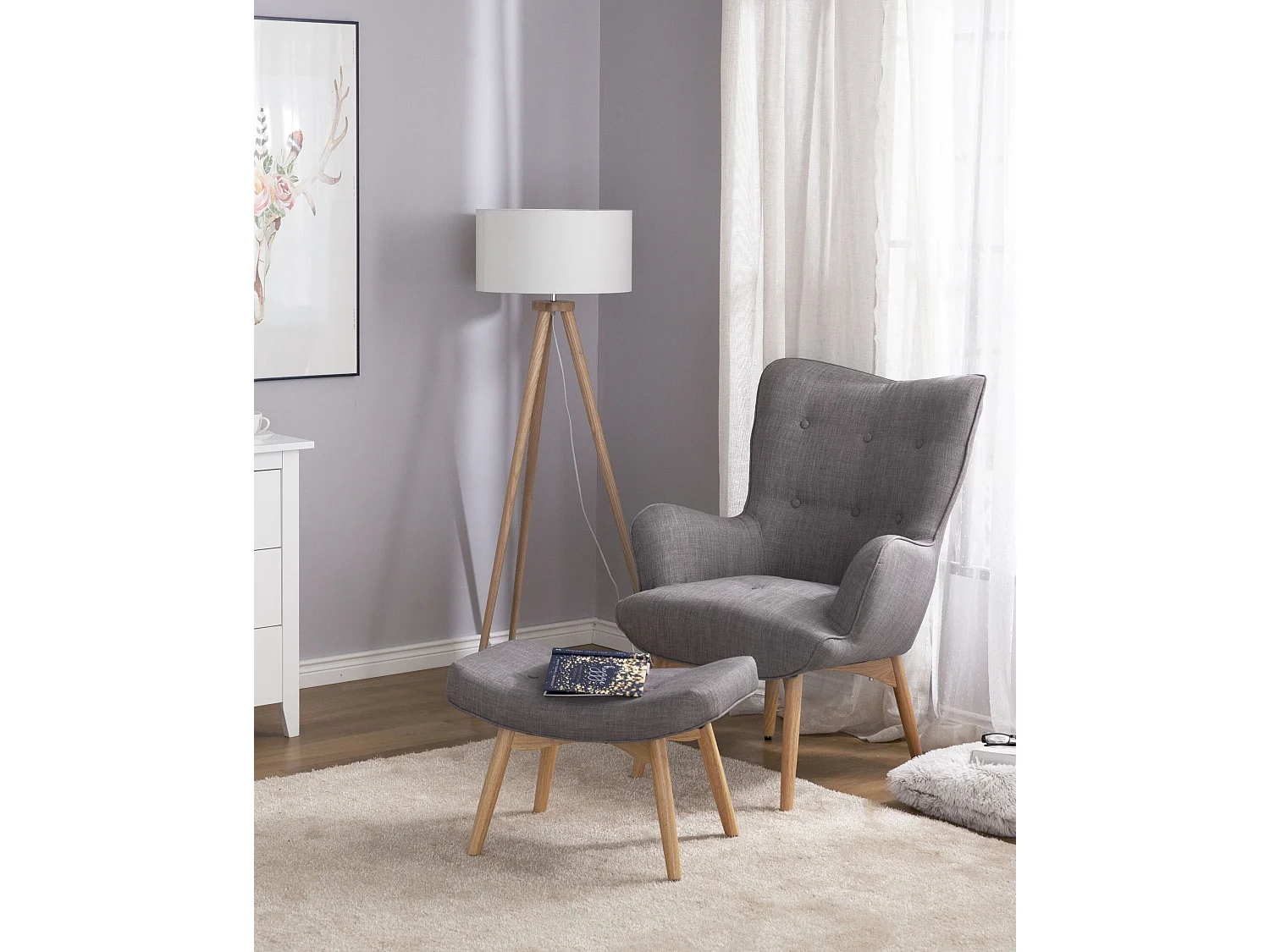 Oorfauteuil VEJLE met voetenbank Stof Lichtgrijs