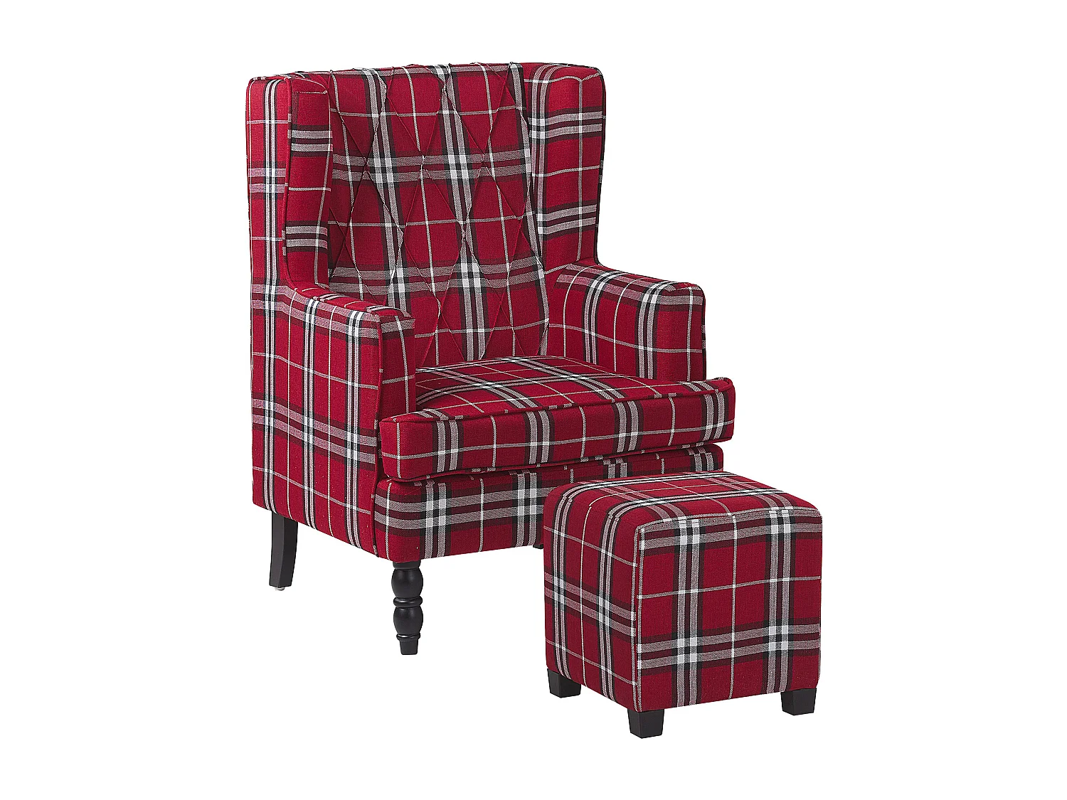 Fauteuil bergère en tissu rouge à carreaux avec repose-pieds assorti SANDSET