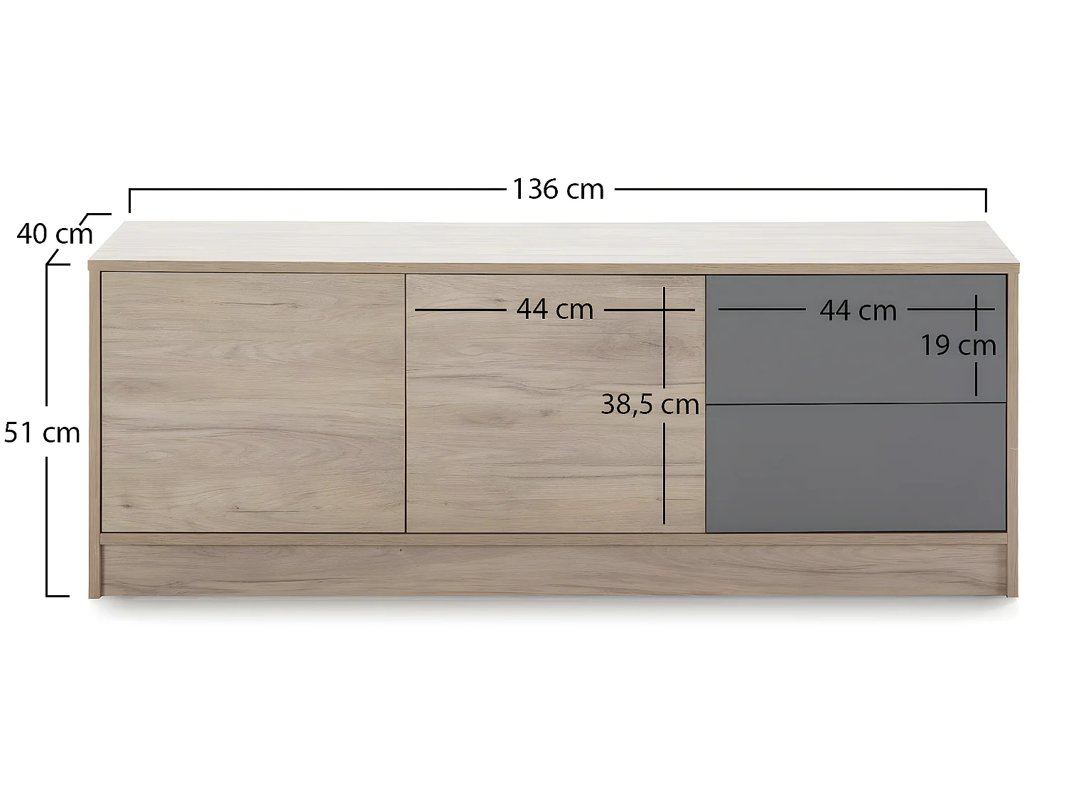 Szafka RTV Panama 2 szuflady, 2 drzwi, kolor drewna i szary, 136 cm (szerokość)