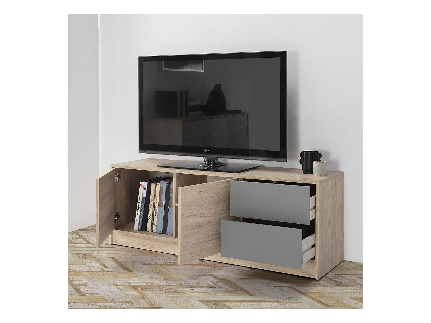 Szafka RTV Panama 2 szuflady, 2 drzwi, kolor drewna i szary, 136 cm (szerokość)