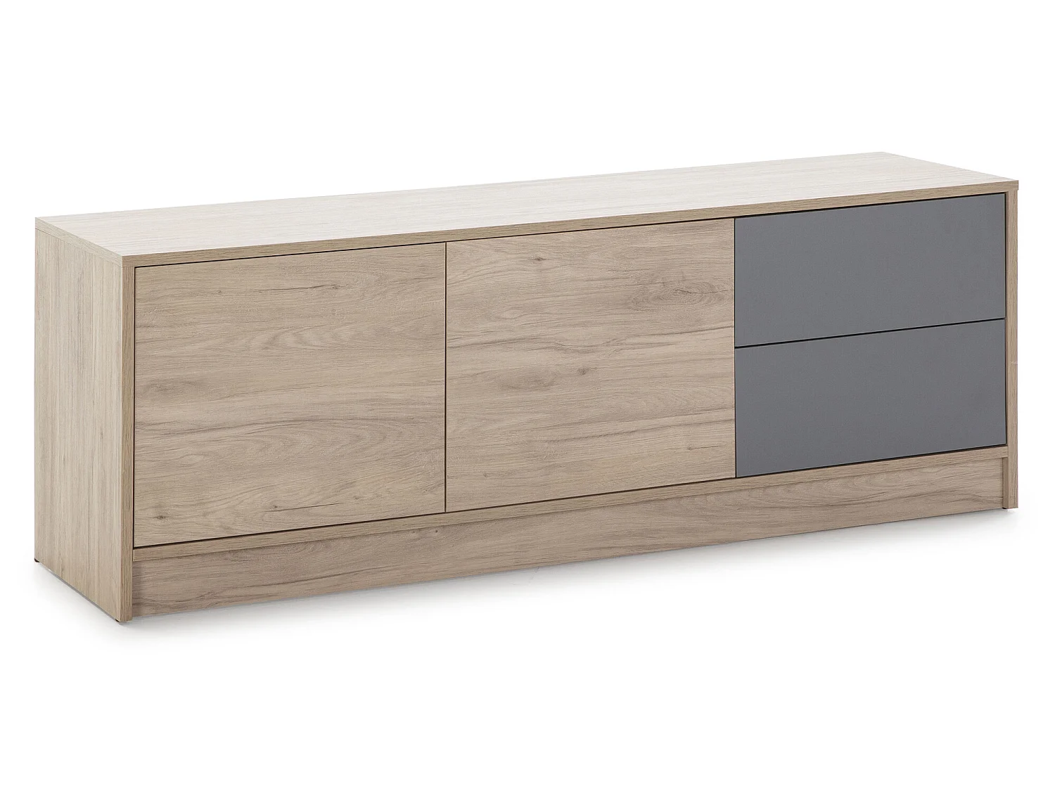 Meuble TV Panama 2 tiroirs, 2 Portes, Couleur Bois et Gris, 136 cm (Largeur)