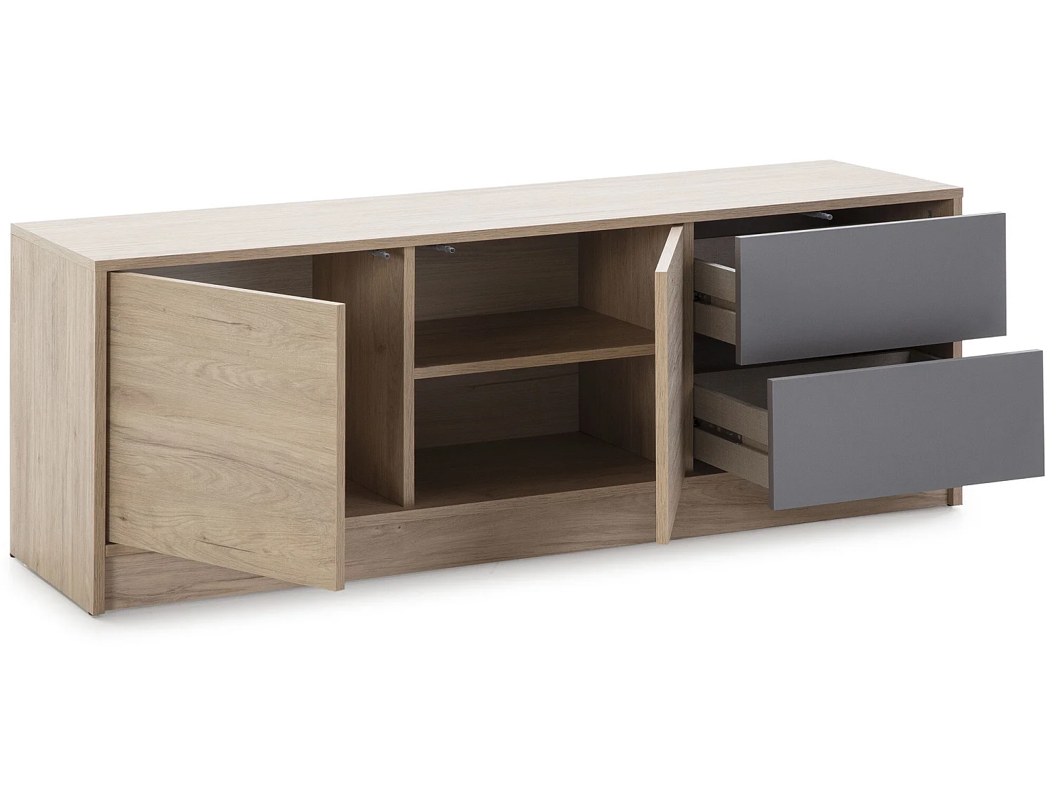 Meuble TV Panama 2 tiroirs, 2 Portes, Couleur Bois et Gris, 136 cm (Largeur)