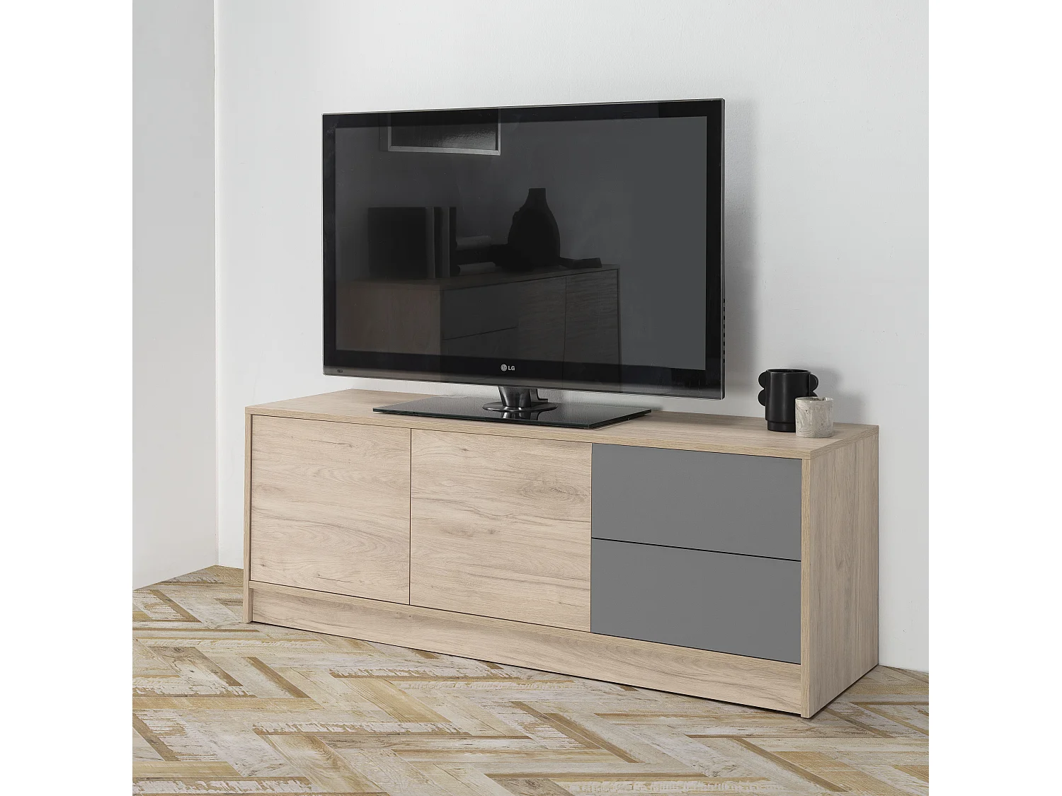 Meuble TV Panama 2 tiroirs, 2 Portes, Couleur Bois et Gris, 136 cm (Largeur)