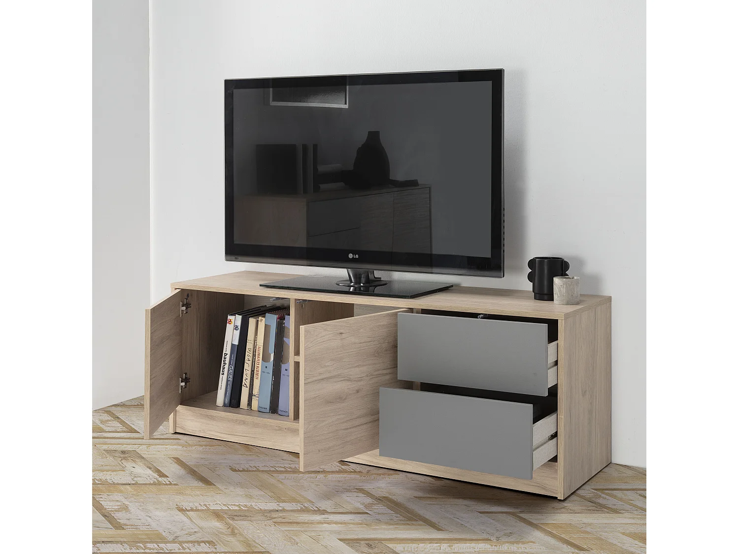 Meuble TV Panama 2 tiroirs, 2 Portes, Couleur Bois et Gris, 136 cm (Largeur)