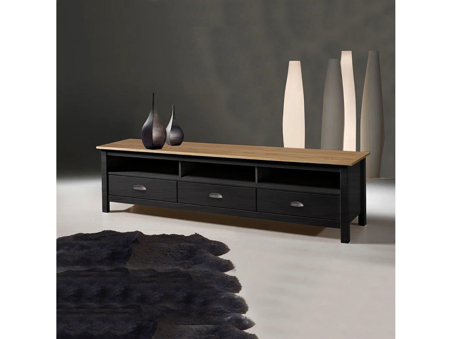 Meuble TV Bora 3 tiroirs, Fabriqué en Bois de pin Massif, Gris Anthracite, 158 cm