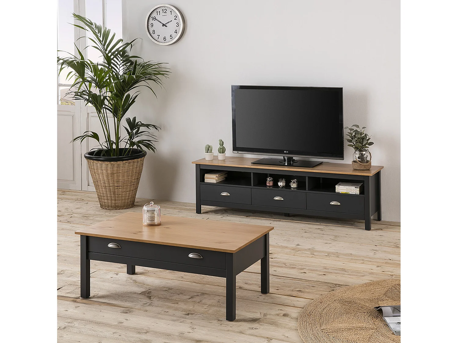 Meuble TV Bora 3 tiroirs, Fabriqué en Bois de pin Massif, Gris Anthracite, 158 cm