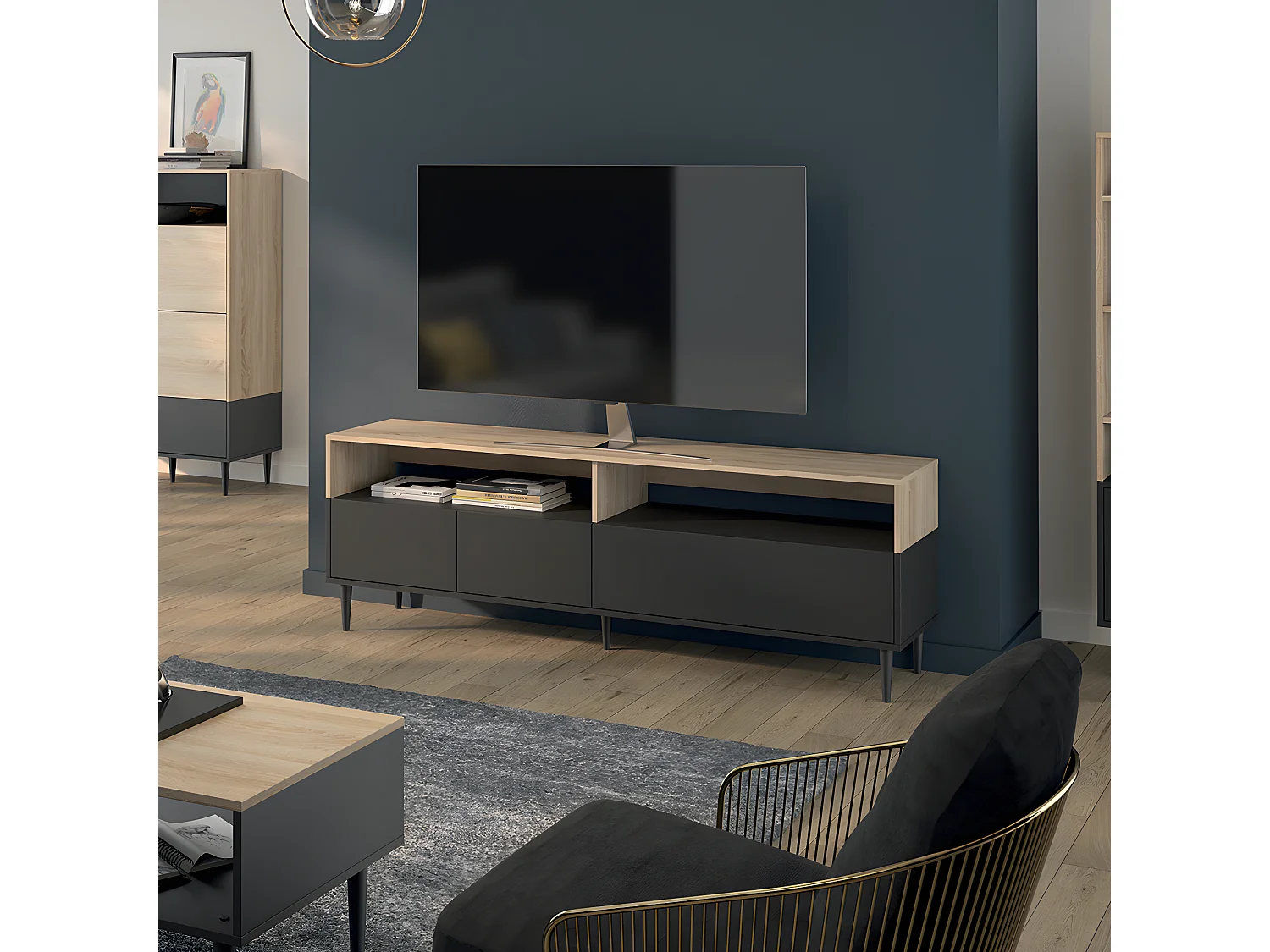 Meuble TV HORIZON - noir et chêne naturel - TEMAHOME