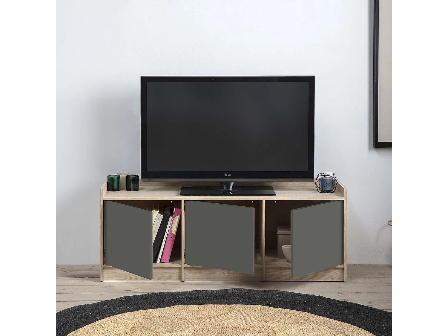 Kolumna RTV Moscú z 3 drzwiami, kolor dąb/szary, 139 cm (szerokość)