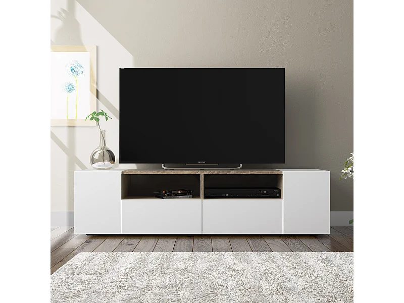 Tv-meubel Tania 4 deuren in wit en eiken, 138 x 42 cm