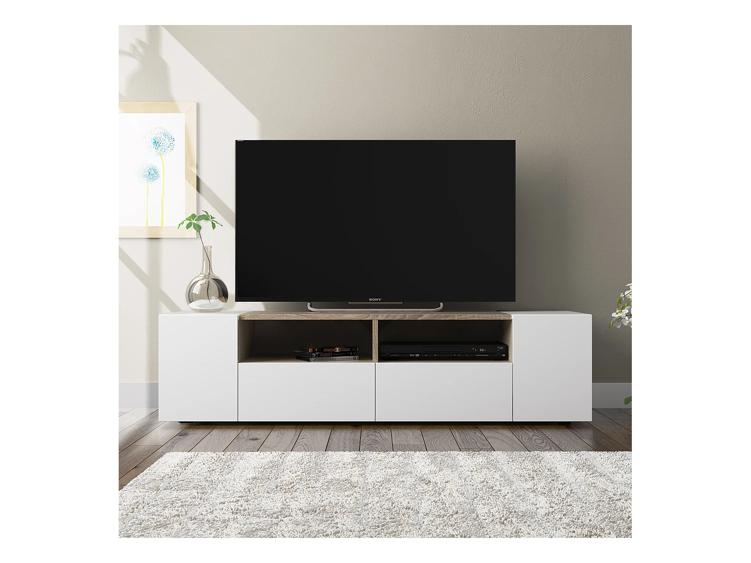 Meuble TV Tania 4 Portes Couleur Blanc et Chêne, 138 cm (Largeur)