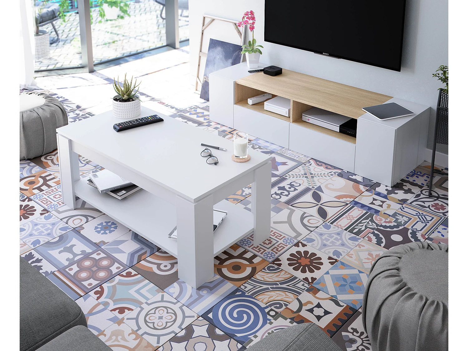 Meuble TV Tania 4 Portes Couleur Blanc et Chêne, 138 cm (Largeur)