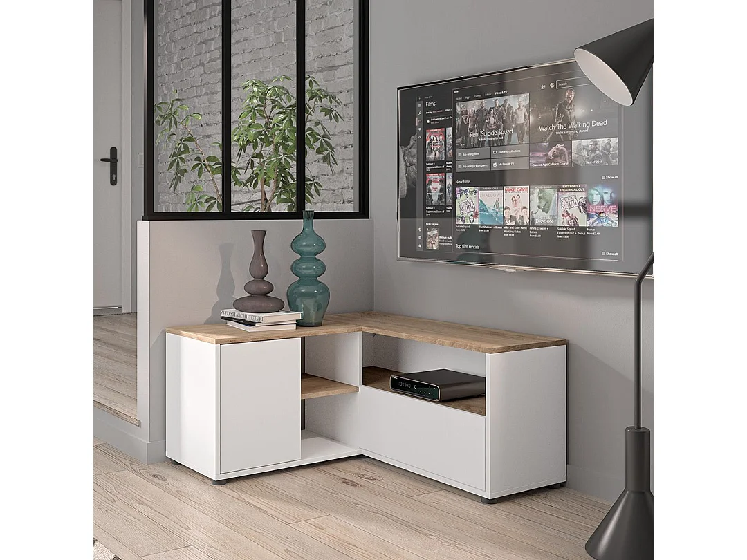 Meuble TV ANGLE 90 - blanc et chêne naturel - TEMAHOME
