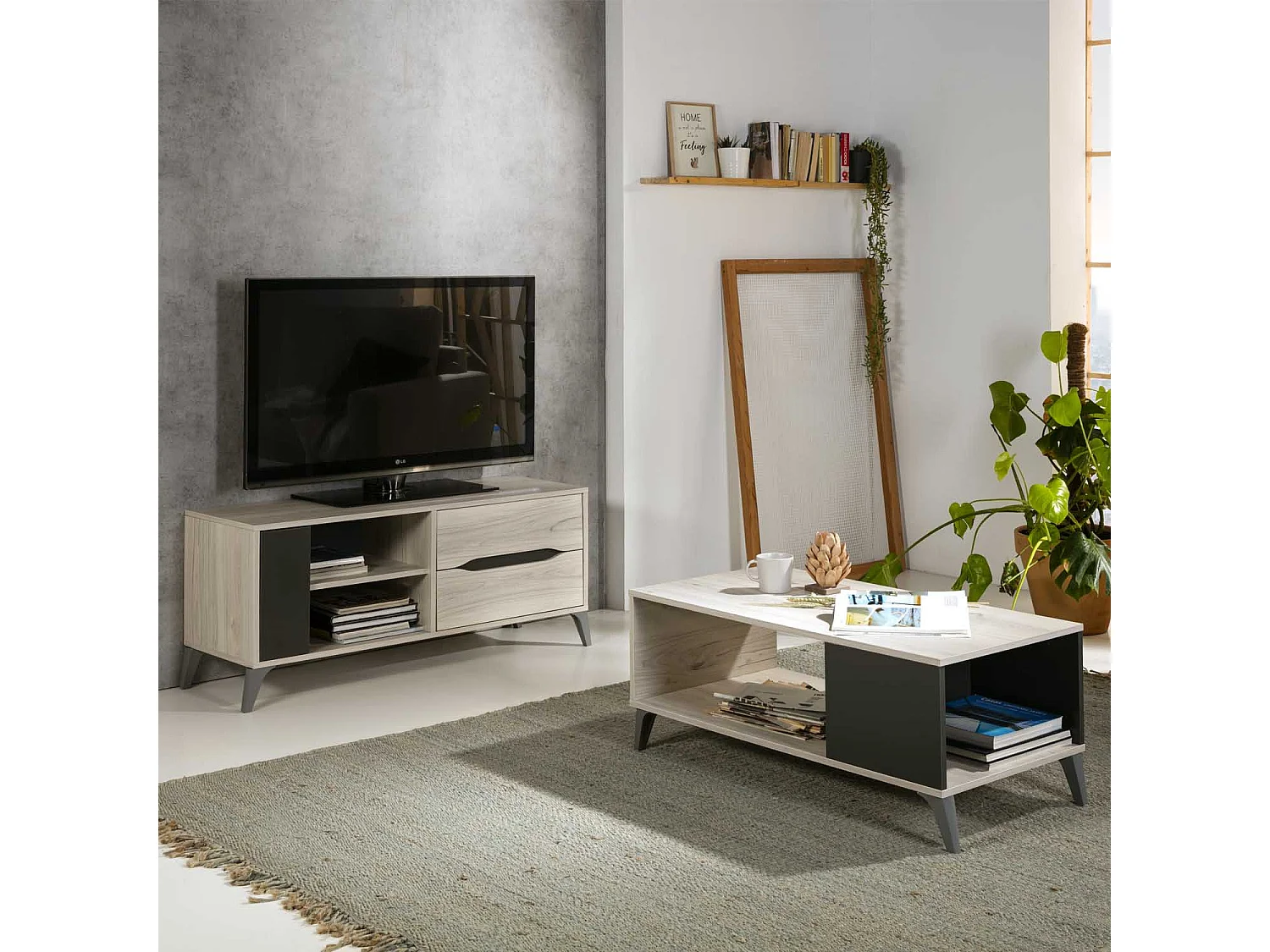 Mobile TV Orly Color Rovere Chiaro e Grigio, 1 Porta e 2 cassetti, Guide in Metallo, 113 x 40 x 52 cm