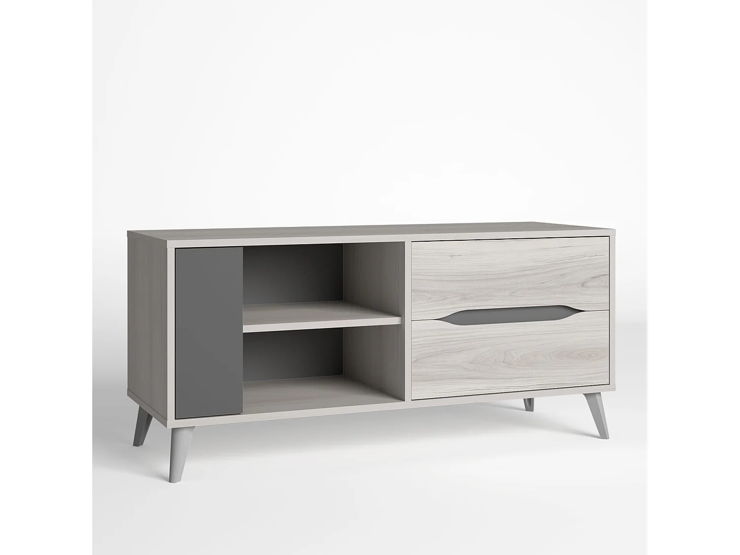 Mobile TV Orly Color Rovere Chiaro e Grigio, 1 Porta e 2 cassetti, Guide in Metallo, 113 x 40 x 52 cm