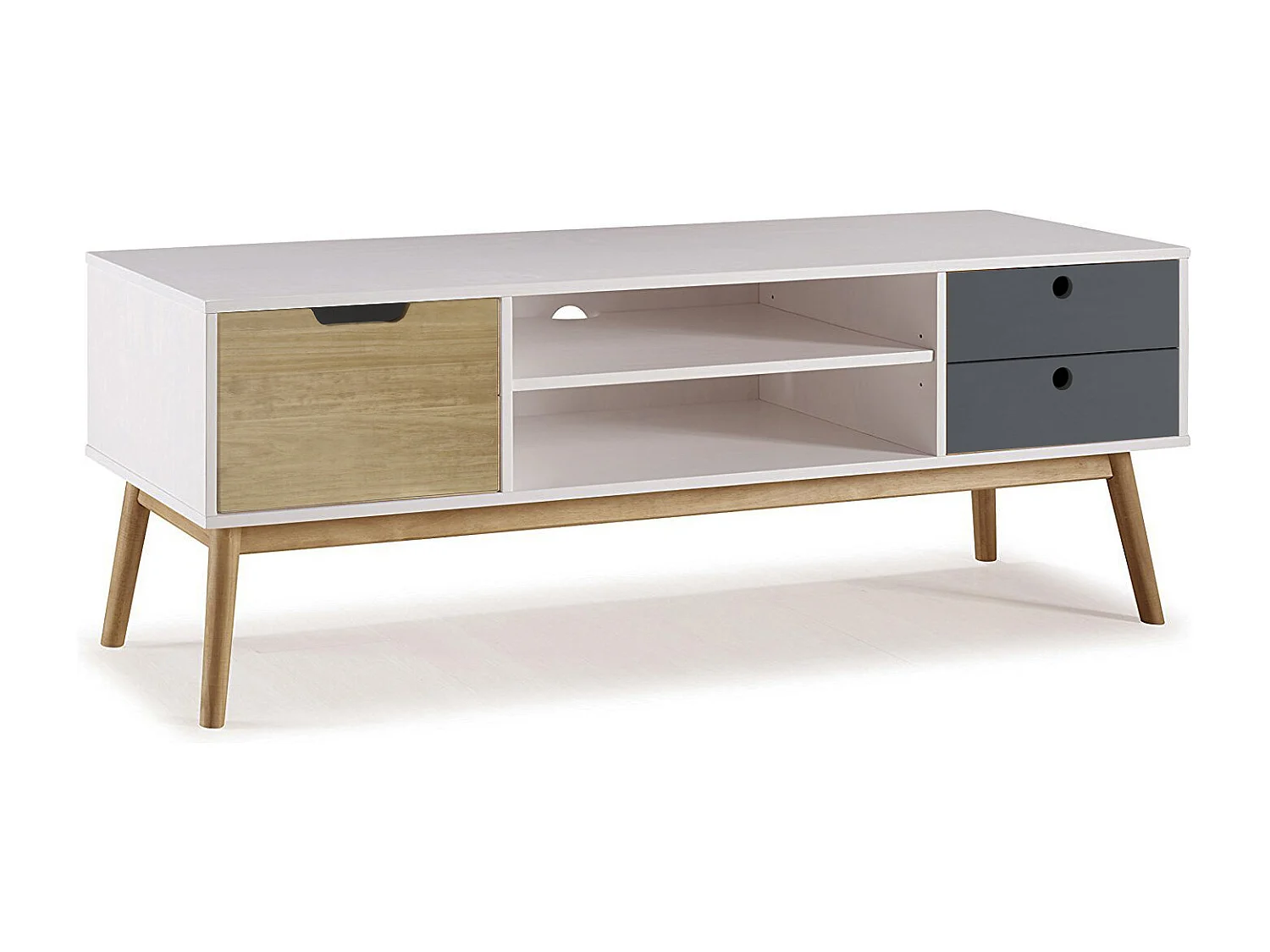 Meuble TV Leti Blanc, Fabriqué en Bois de pin Massif, 1 Porte y 2 tiroirs, 140 cm