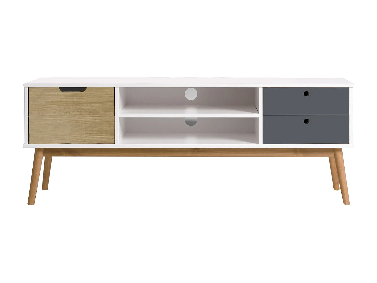 Meuble TV Leti Blanc, Fabriqué en Bois de pin Massif, 1 Porte y 2 tiroirs, 140 cm