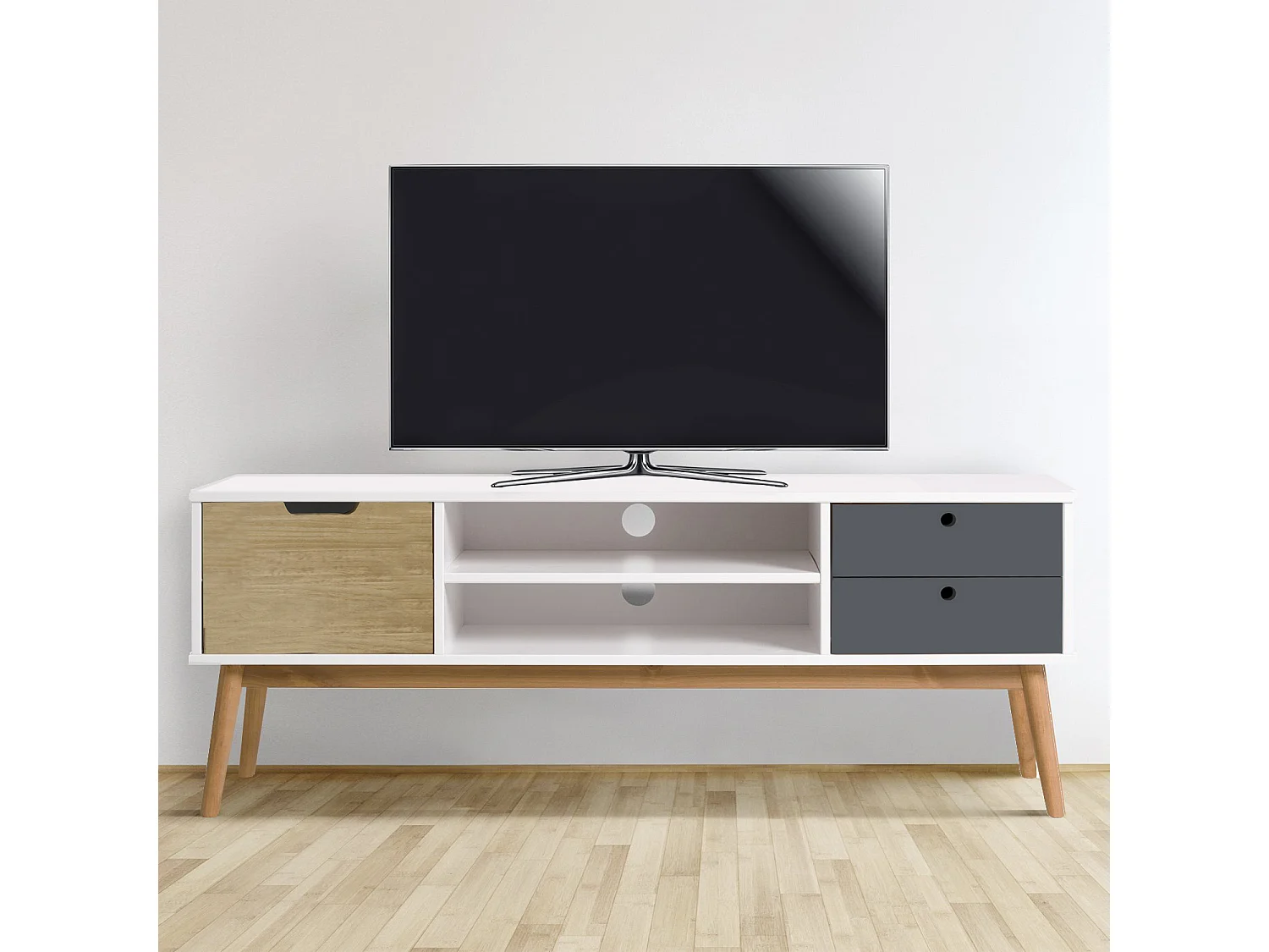 Meuble TV Leti Blanc, Fabriqué en Bois de pin Massif, 1 Porte y 2 tiroirs, 140 cm