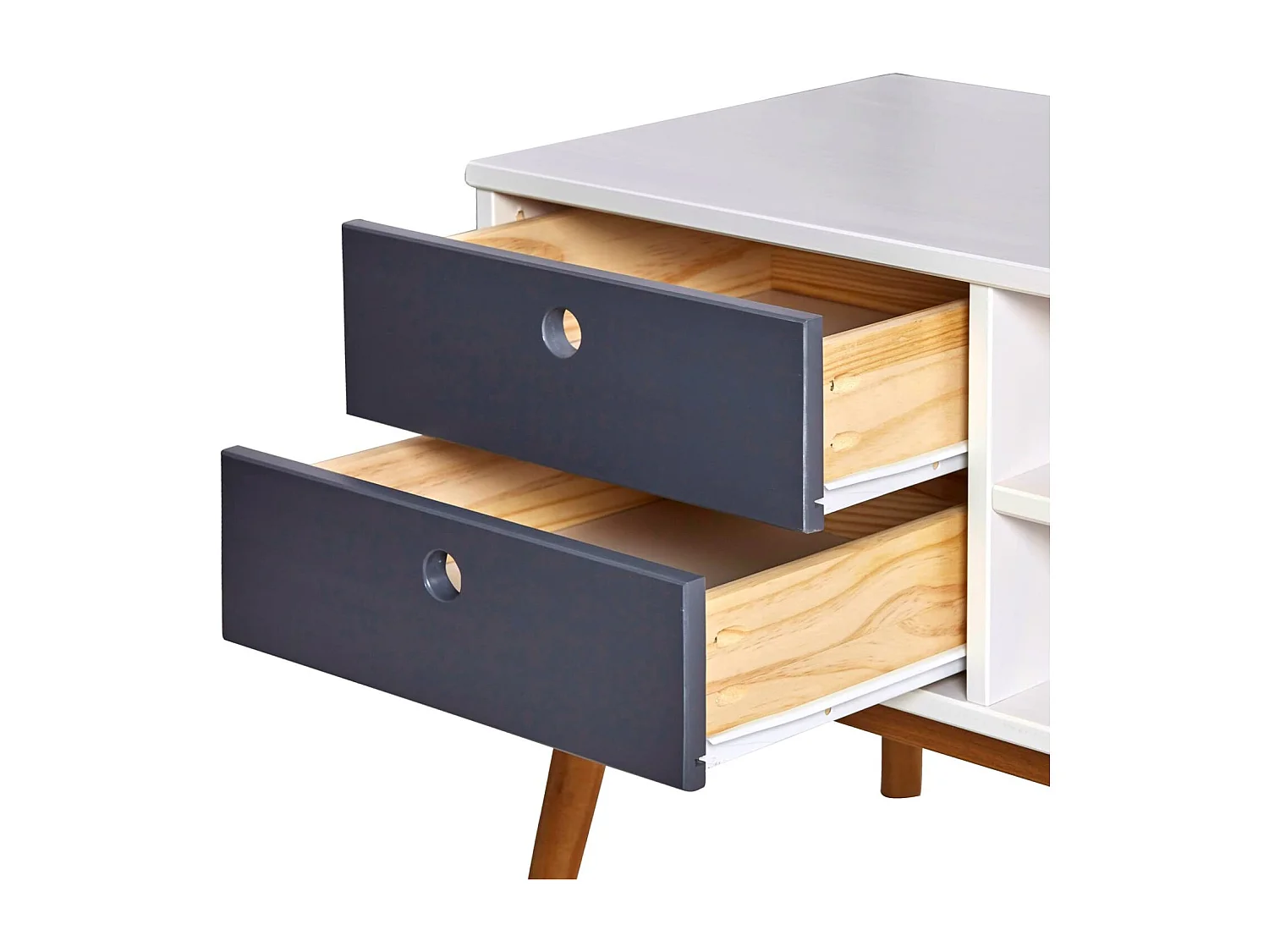 Meuble TV Leti Blanc, Fabriqué en Bois de pin Massif, 1 Porte y 2 tiroirs, 140 cm