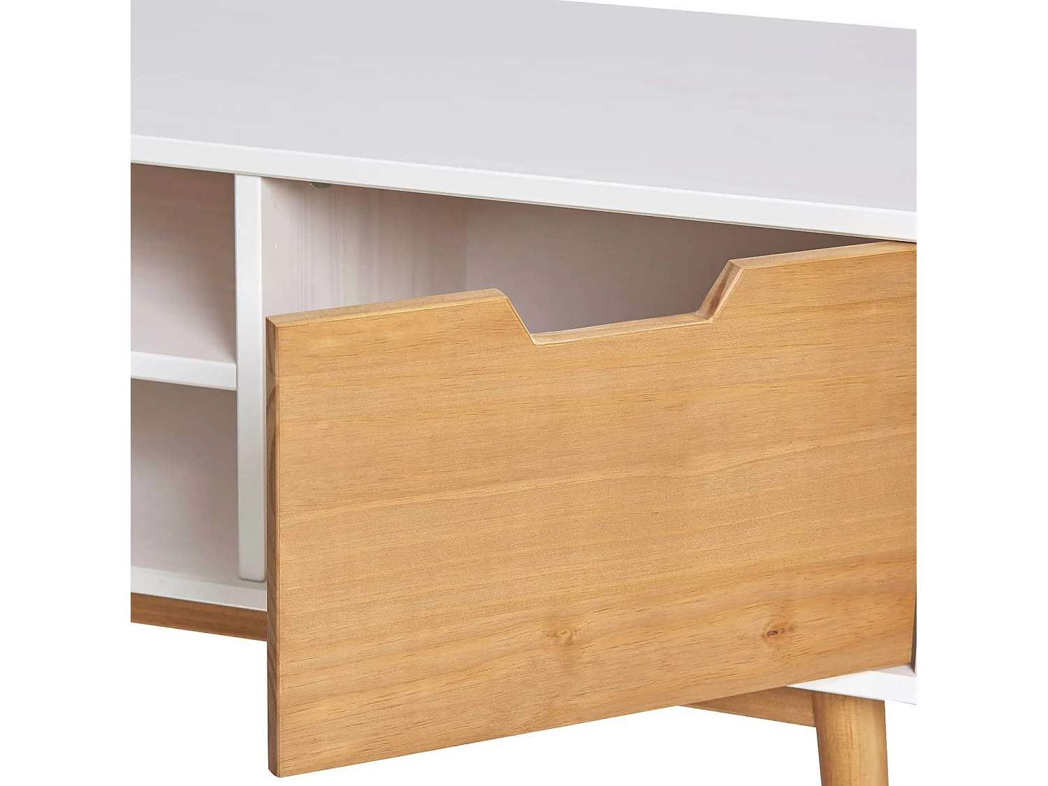 Meuble TV Leti Blanc, Fabriqué en Bois de pin Massif, 1 Porte y 2 tiroirs, 140 cm