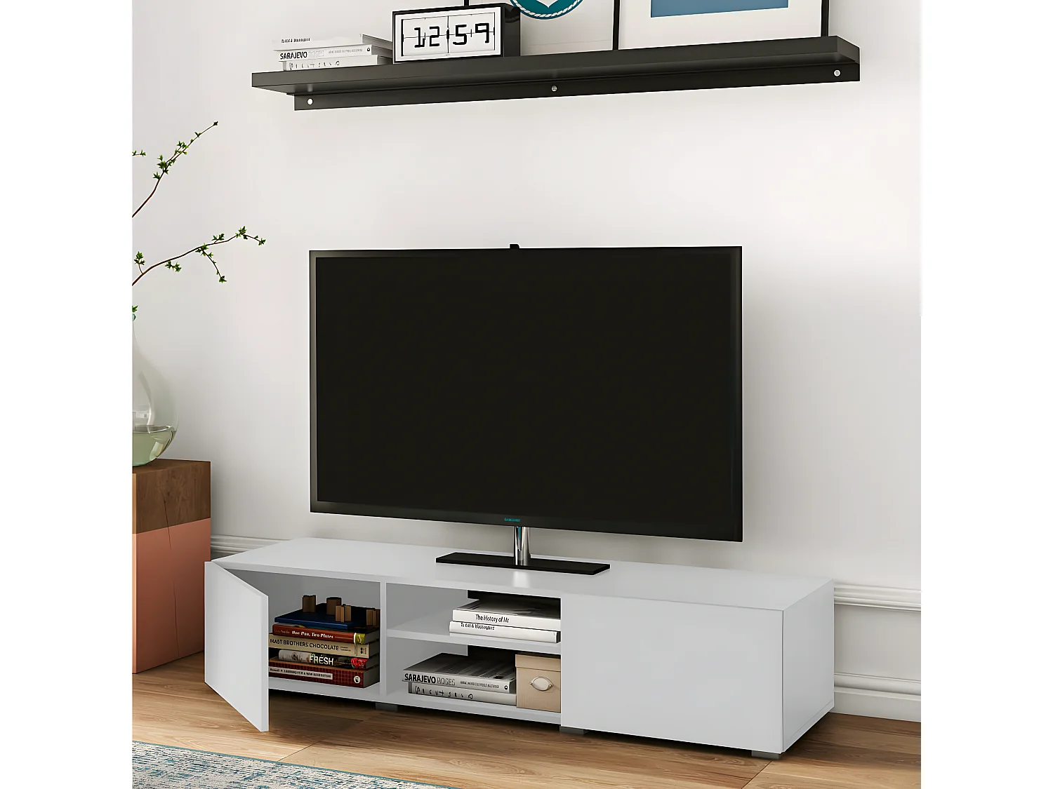 Meuble TV PODIUM 2 niches - blanc - TEMAHOME
