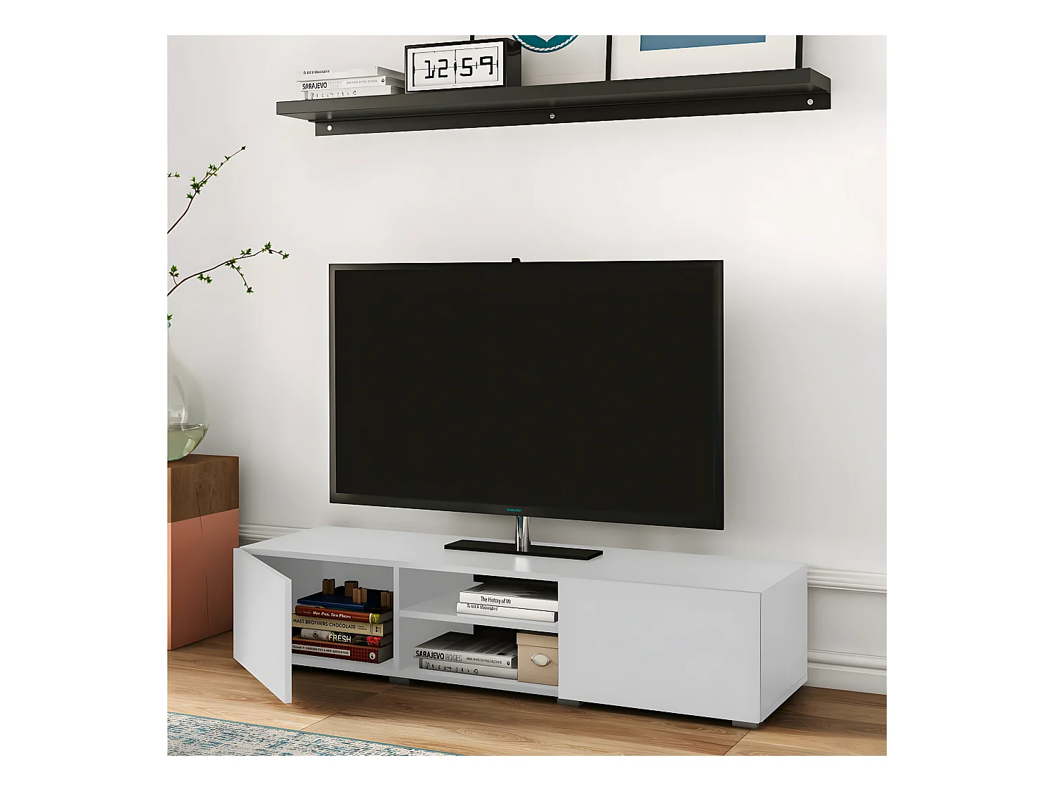 Meuble TV PODIUM 2 niches - blanc - TEMAHOME