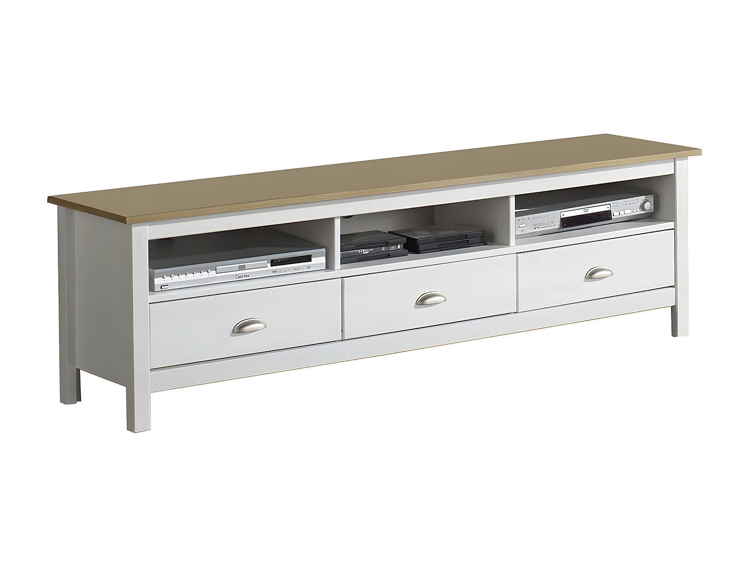 Meuble TV Bora Bora 3 tiroirs, Fabriqué en Bois de pin Massif, Blanc, 158 cm