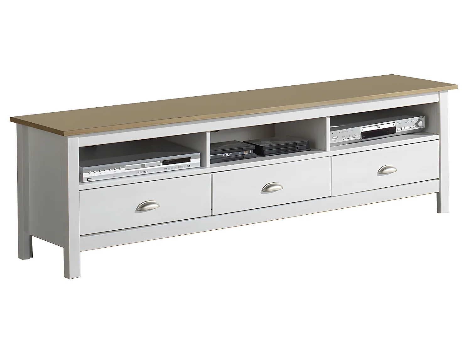 Meuble TV Bora Bora 3 tiroirs, Fabriqué en Bois de pin Massif, Blanc, 158 cm