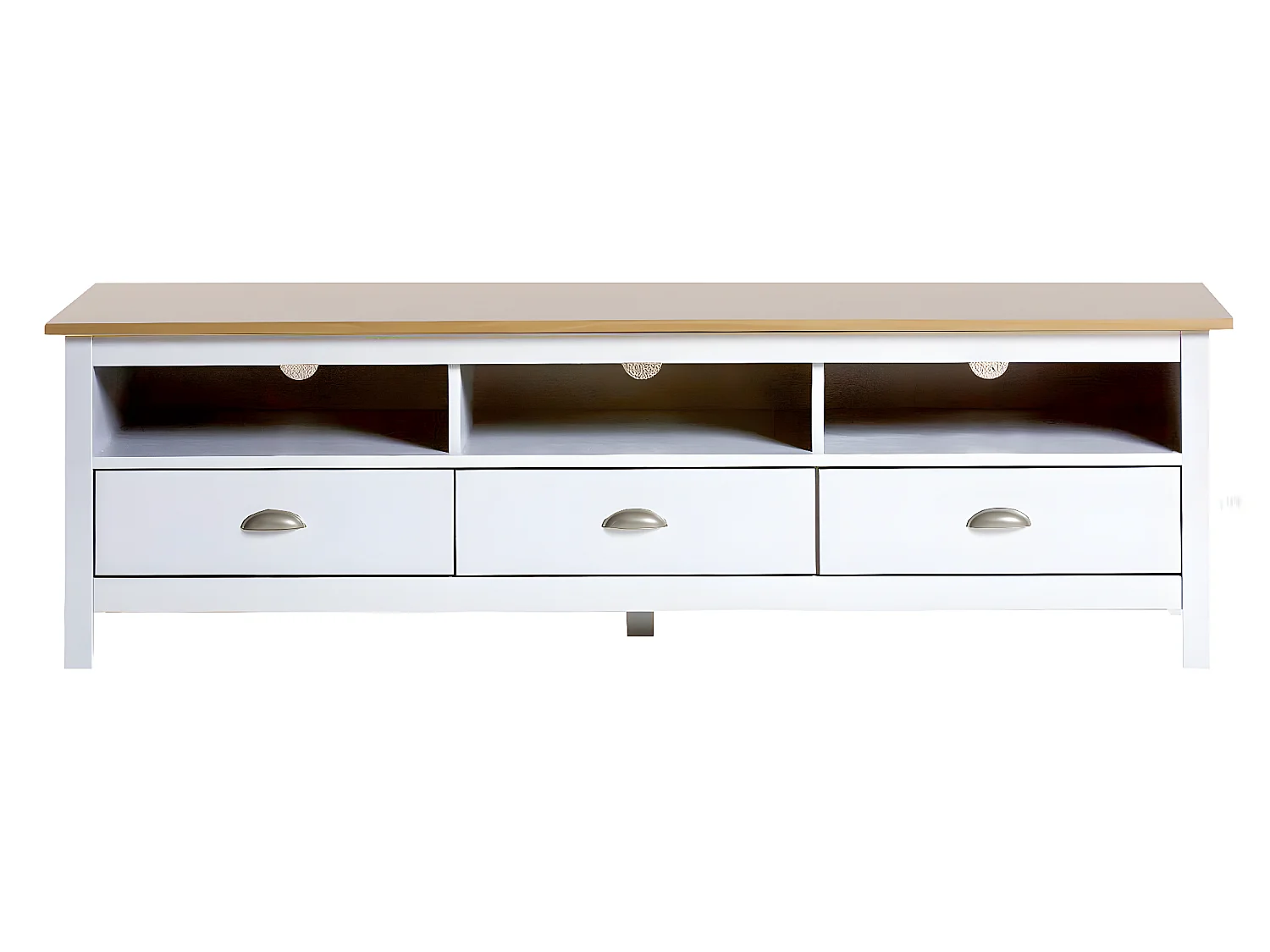 Meuble TV Bora Bora 3 tiroirs, Fabriqué en Bois de pin Massif, Blanc, 158 cm