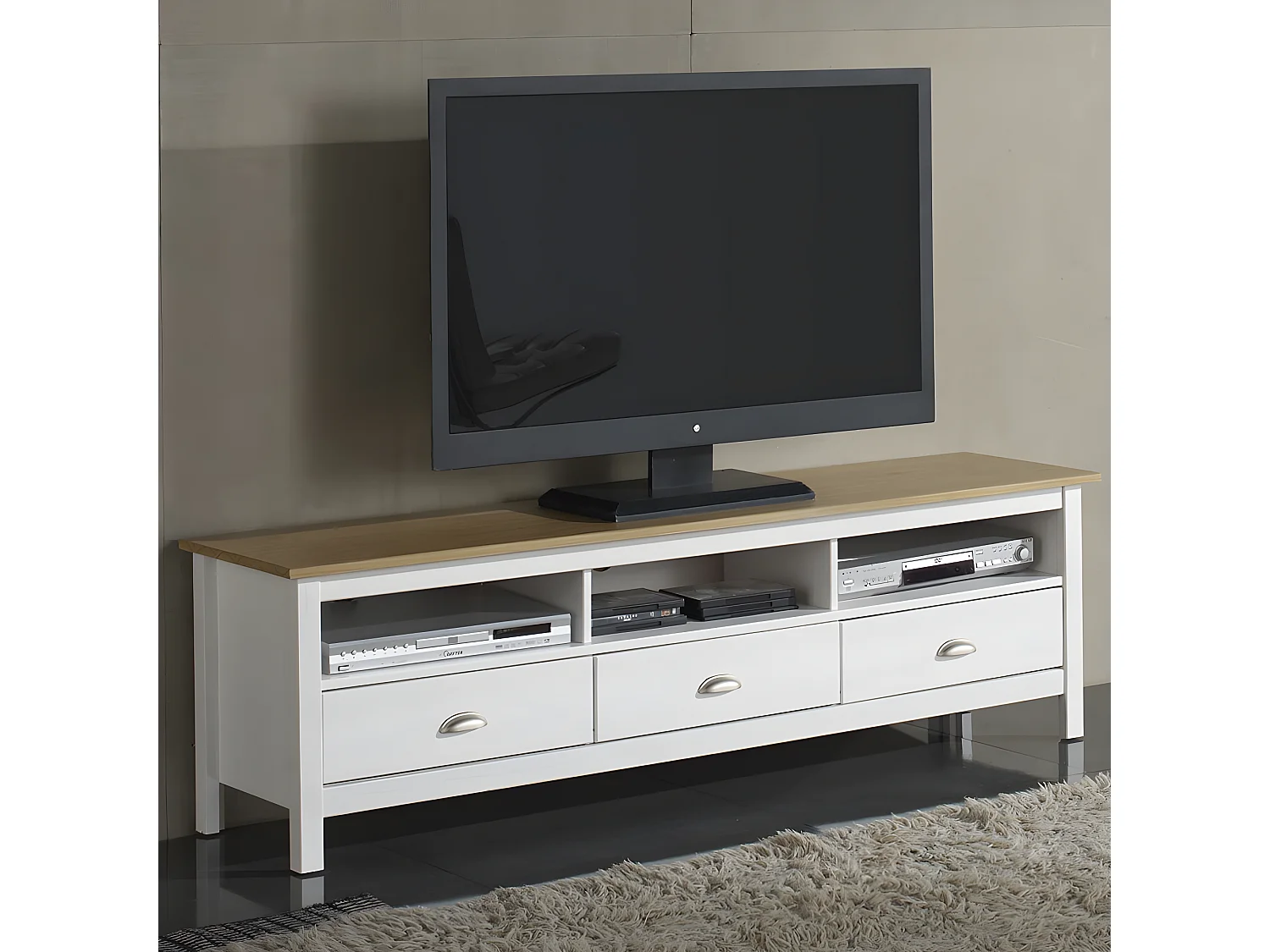Meuble TV Bora Bora 3 tiroirs, Fabriqué en Bois de pin Massif, Blanc, 158 cm