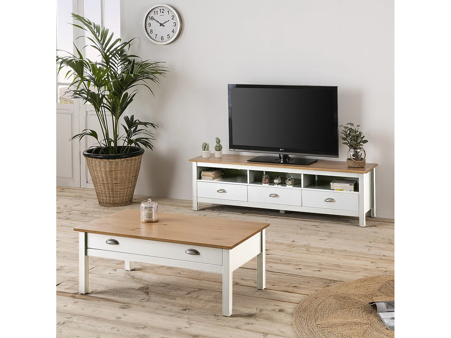 Meuble TV Bora Bora 3 tiroirs, Fabriqué en Bois de pin Massif, Blanc, 158 cm