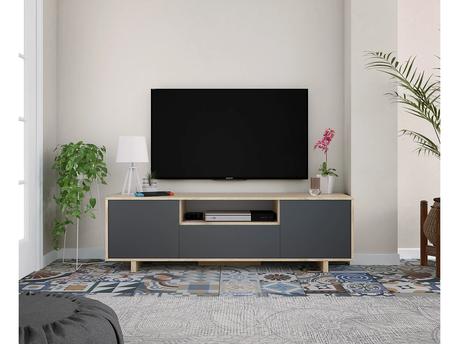 Mobile TV Zaida 3 Ante Colore Rovere e Grigio, 150 cm (Larghezza) 41 cm (Profondità) 46 cm (Altezza)