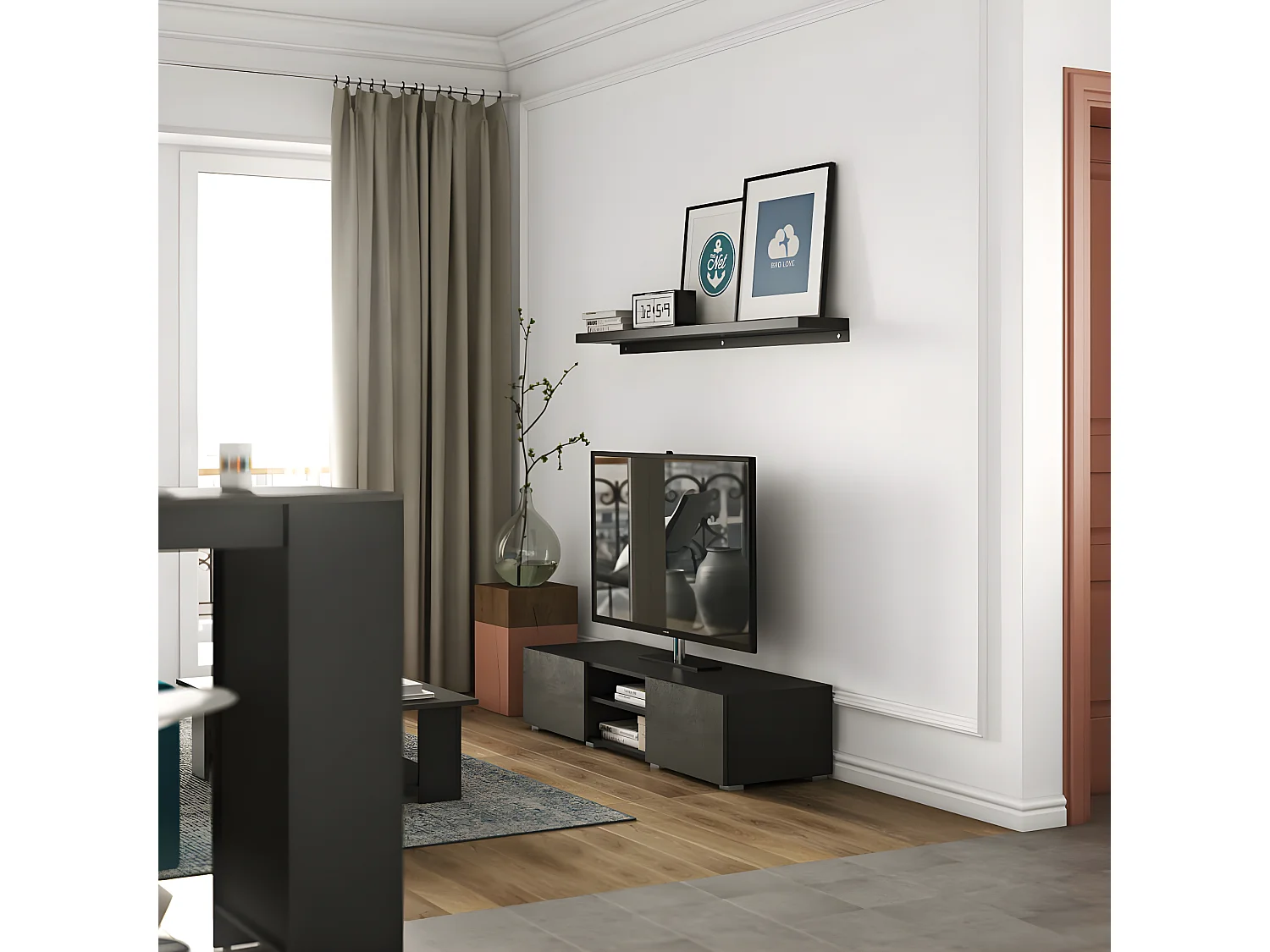 Meuble TV PODIUM 2 niches - noir et béton - TEMAHOME