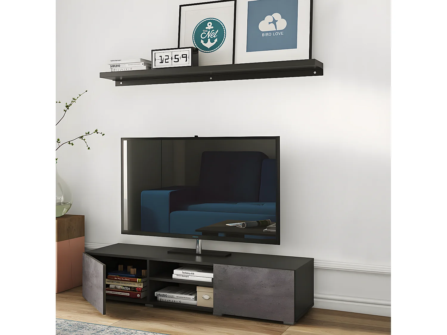 Meuble TV PODIUM 2 niches - noir et béton - TEMAHOME