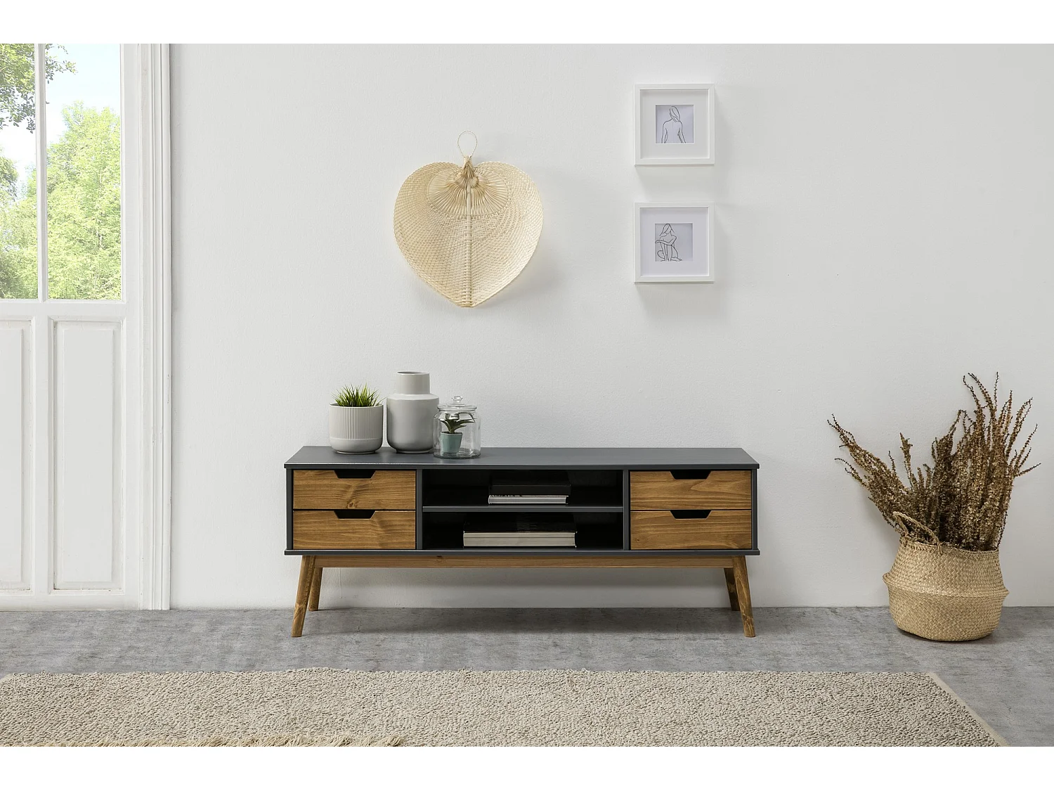 TV-meubel Java 1 deur en 2 laden Antracietgrijs/Was, massief hout