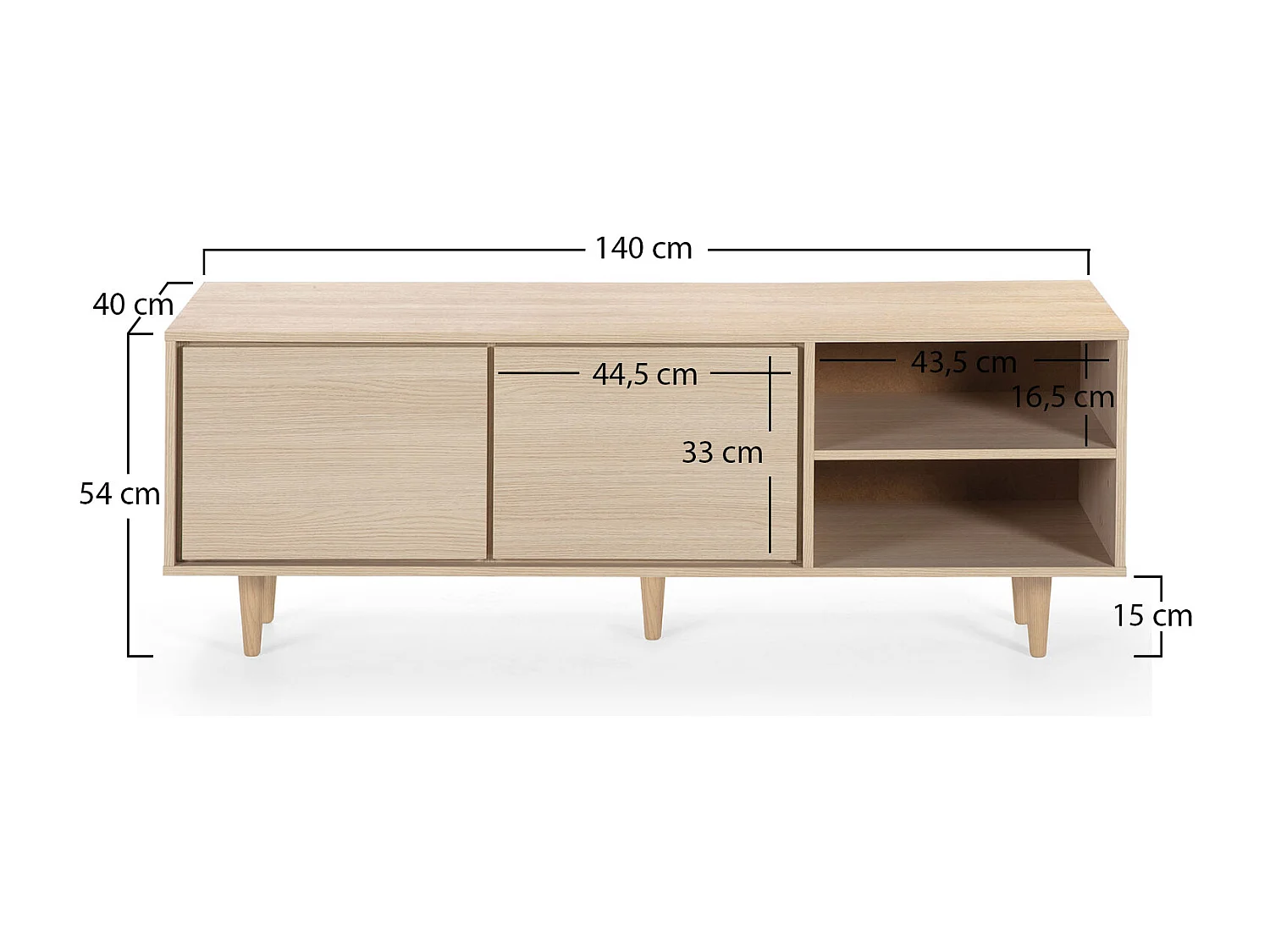 Mobile per TV Denia 2 Porte e 2 nicchie Color Rovere, 140 cm (Larghezza) 40 cm (profondità) 53 cm (Altezza)