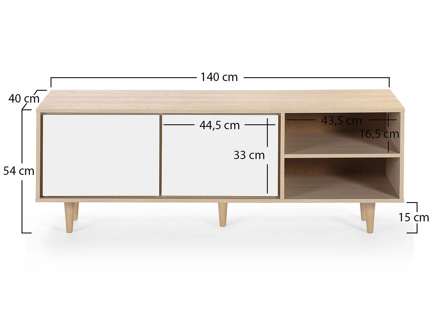 Mueble TV Denia 2 Puertas y 2 Huecos Color Roble/Blanco, 140 x 40 cm
