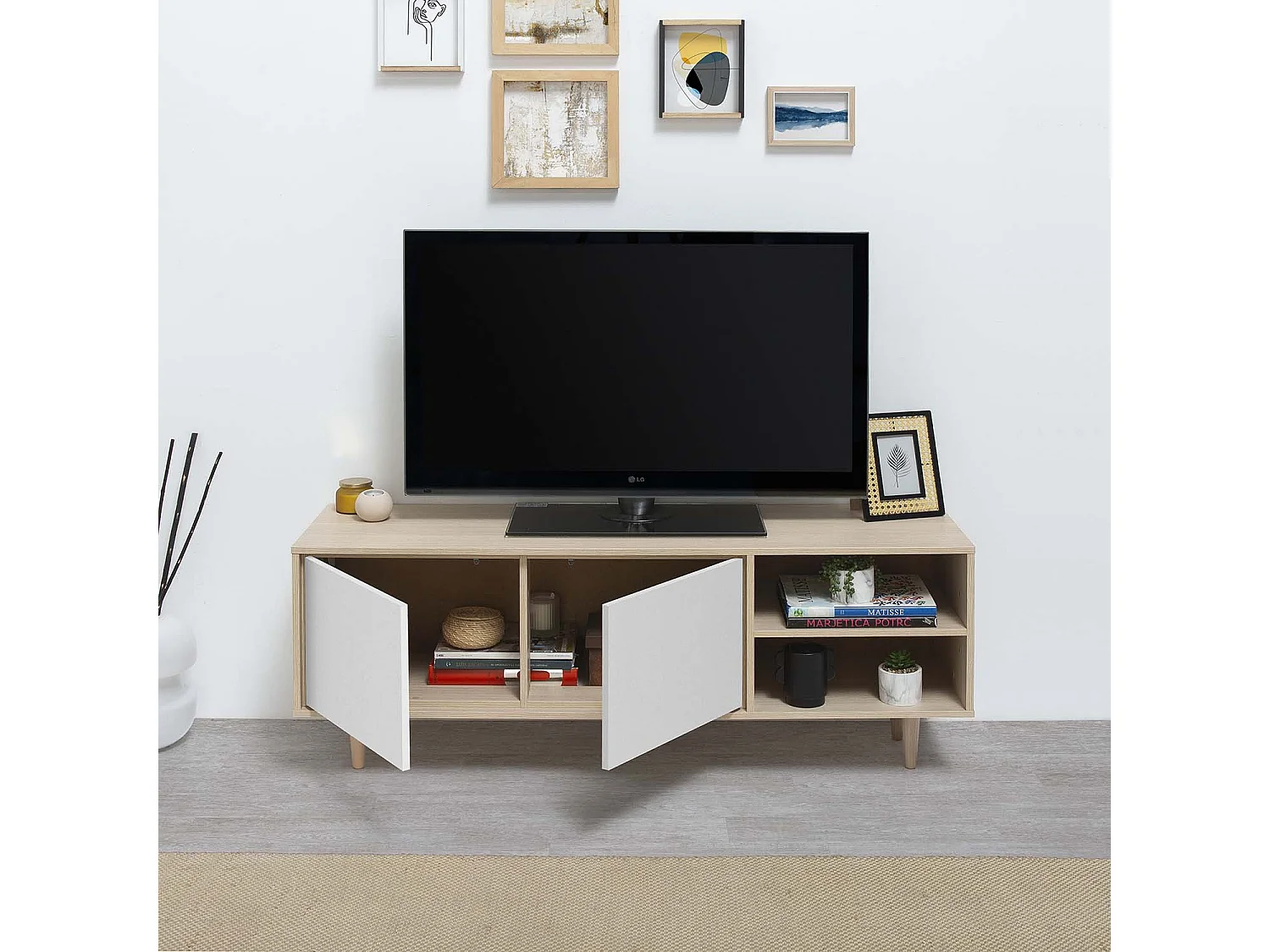 Meuble TV Denia 2 Portes et 2 niches Couleur Chêne/Blanc, 140cm (Largeur)