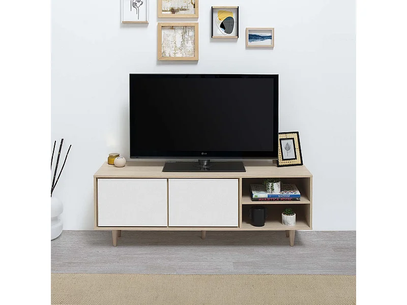 Meuble TV Denia 2 Portes et 2 niches Couleur Chêne/Blanc, 140cm (Largeur)