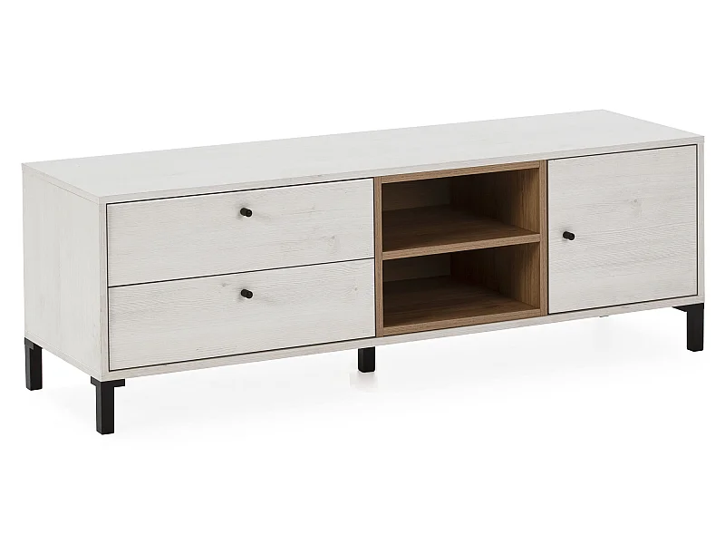 Meuble TV Javea 2 tiroirs et 1 Porte, Couleur Blanc et Bois, 136,5 cm (Largeur)