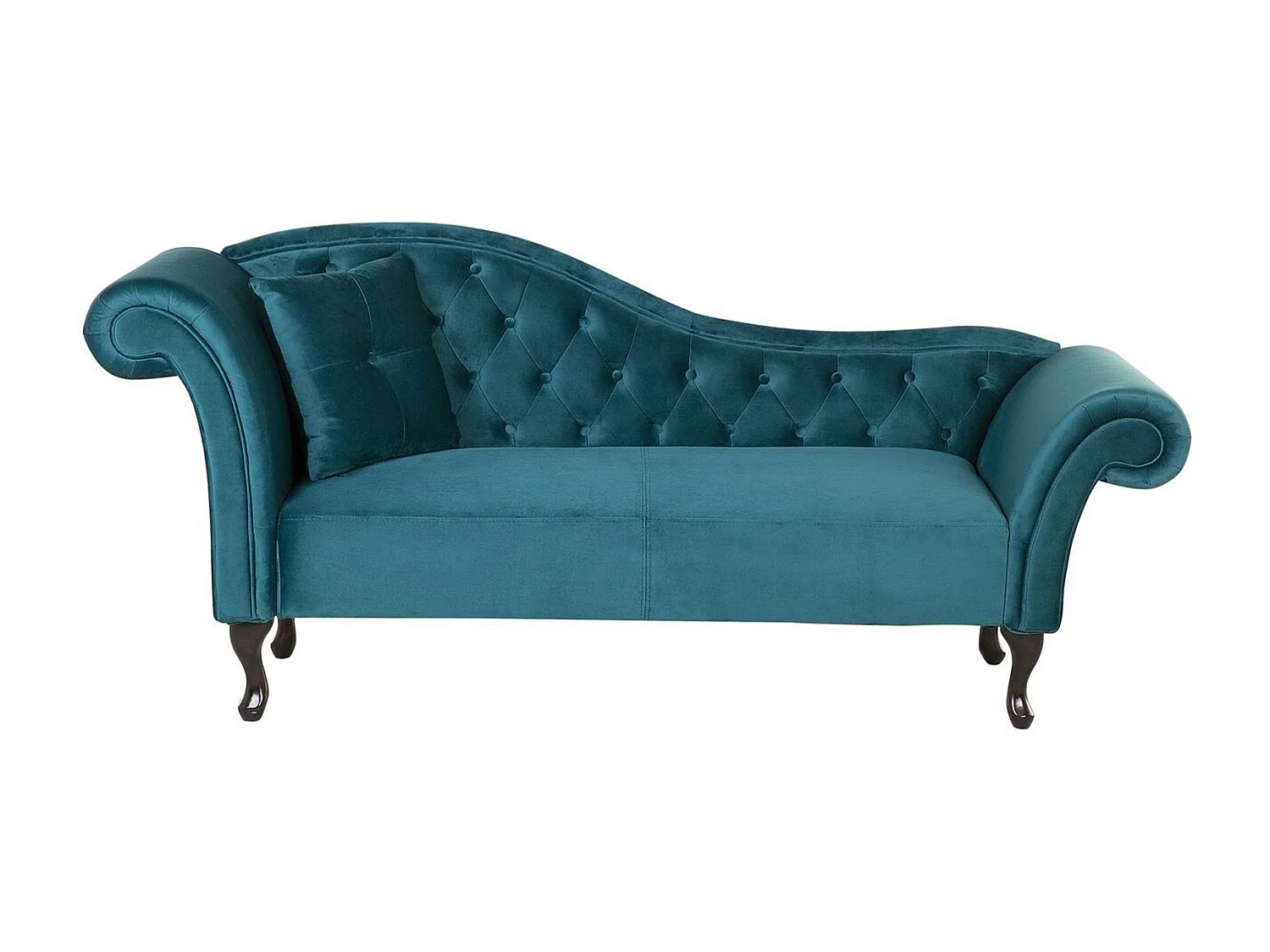Chaiselongue Samt blau grün links gesteppt mit Kissen Chesterfield-Stil Lattes