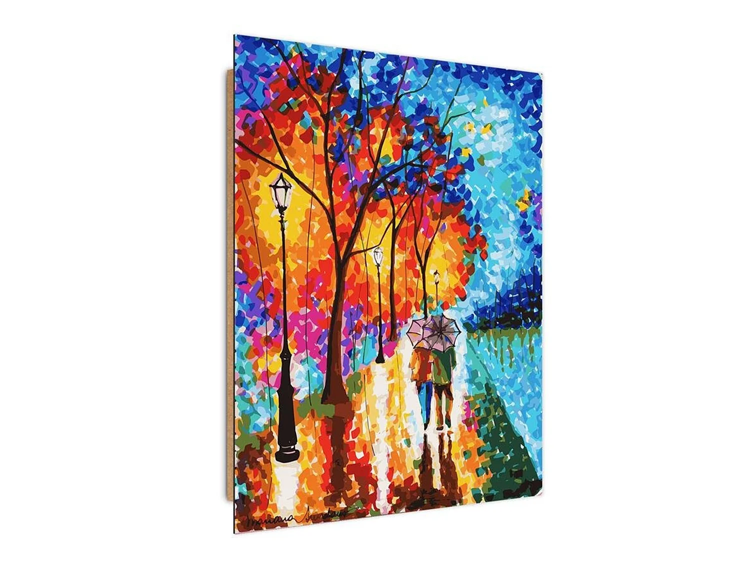 Tableau bois peinture promenade d'automne - 60 x 80 cm