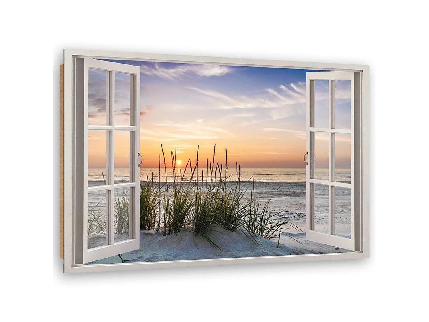 Tableau fenêtre en bois donnant sur la plage - 60 x 40 cm