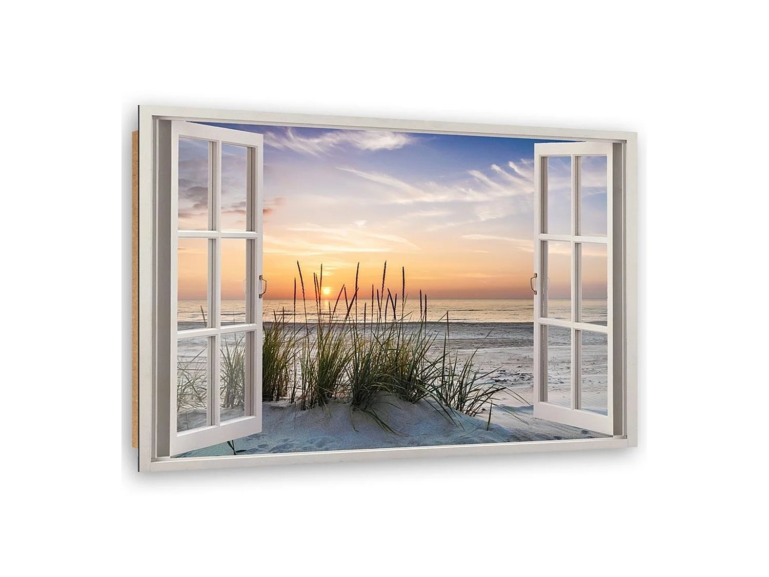 Tableau fenêtre en bois donnant sur la plage - 60 x 40 cm