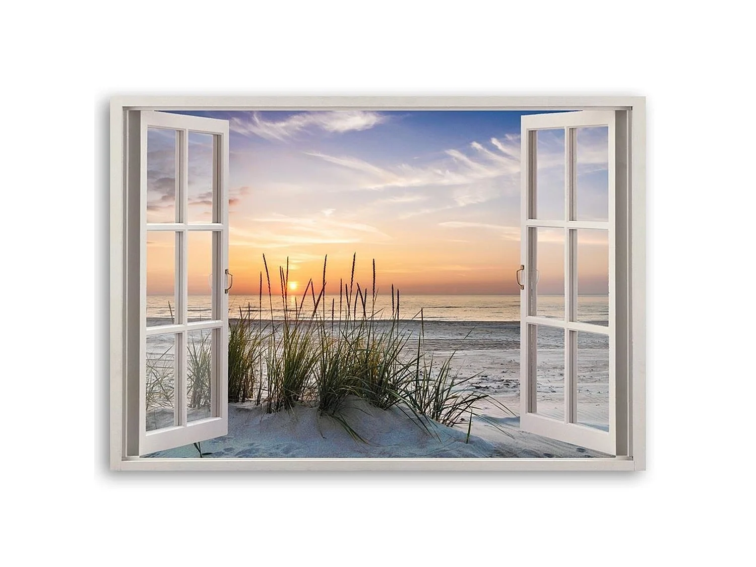 Tableau fenêtre en bois donnant sur la plage - 60 x 40 cm