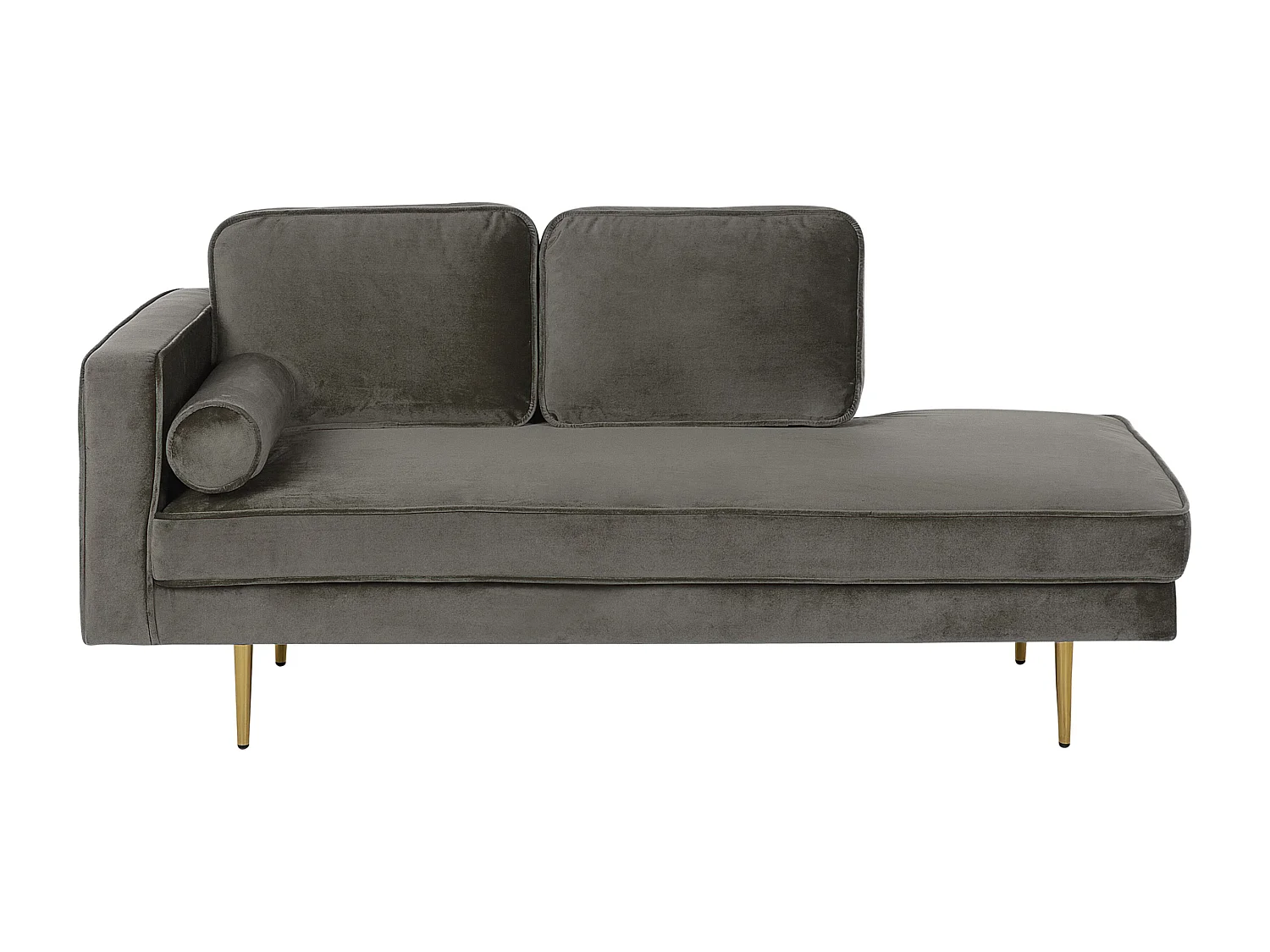 Chaiselongue Samt grau taupe links goldenes Gestell mit Nackenrolle Miramas